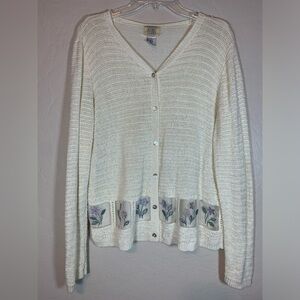 Teddi Vintage Floral Embroidered Mesh Hem Cardigan Sweater Cream Large 0264
